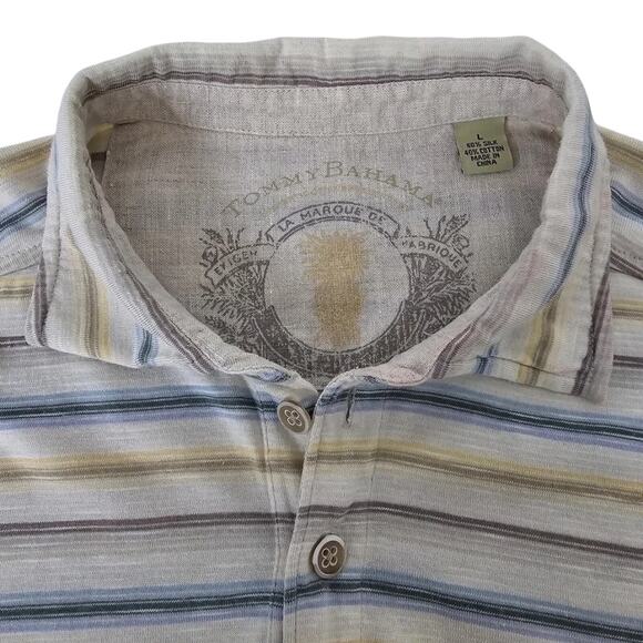 Tommy Bahama Polo Shirt Silk Cotton Men L Multicolor Striped Short Sleeves - Picture 7 of 13